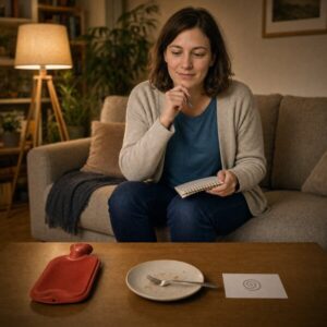 Anna betrachtet auf ihrem Wohnzimmertisch drei Gegenstände, die für drei Arten von Unzufriedenheit stehen.