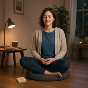 Anna meditiert ruhig, während neben dem Kissen ein kleiner Stapel verdeckt abgelegter Fragekarten liegt.