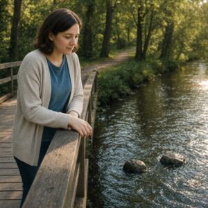 Anna steht auf einer kleinen Holzbrücke und schaut nachdenklich auf einen ruhig fließenden Bach.