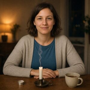 Anna sitzt ruhig am Tisch vor einer gerade erloschenen Kerze, von der ein feiner Rauchfaden aufsteigt.
