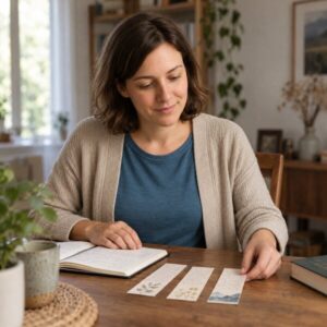 Anna legt am Tisch drei Lesezeichen neben ein offenes Notizheft und betrachtet ihre Notizen.
