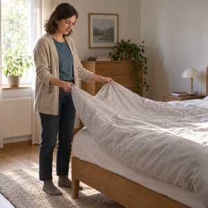 Anna steht neben dem Bett und hält die oberen Ecken einer bezogenen Decke mit beiden Händen.