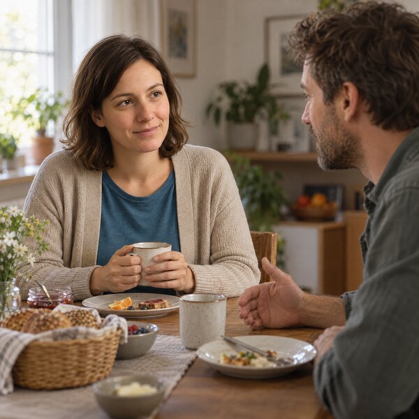 Anna hält beim Frühstück ihre Tasse mit beiden Händen und hört ihrem Partner gegenüber zu.
